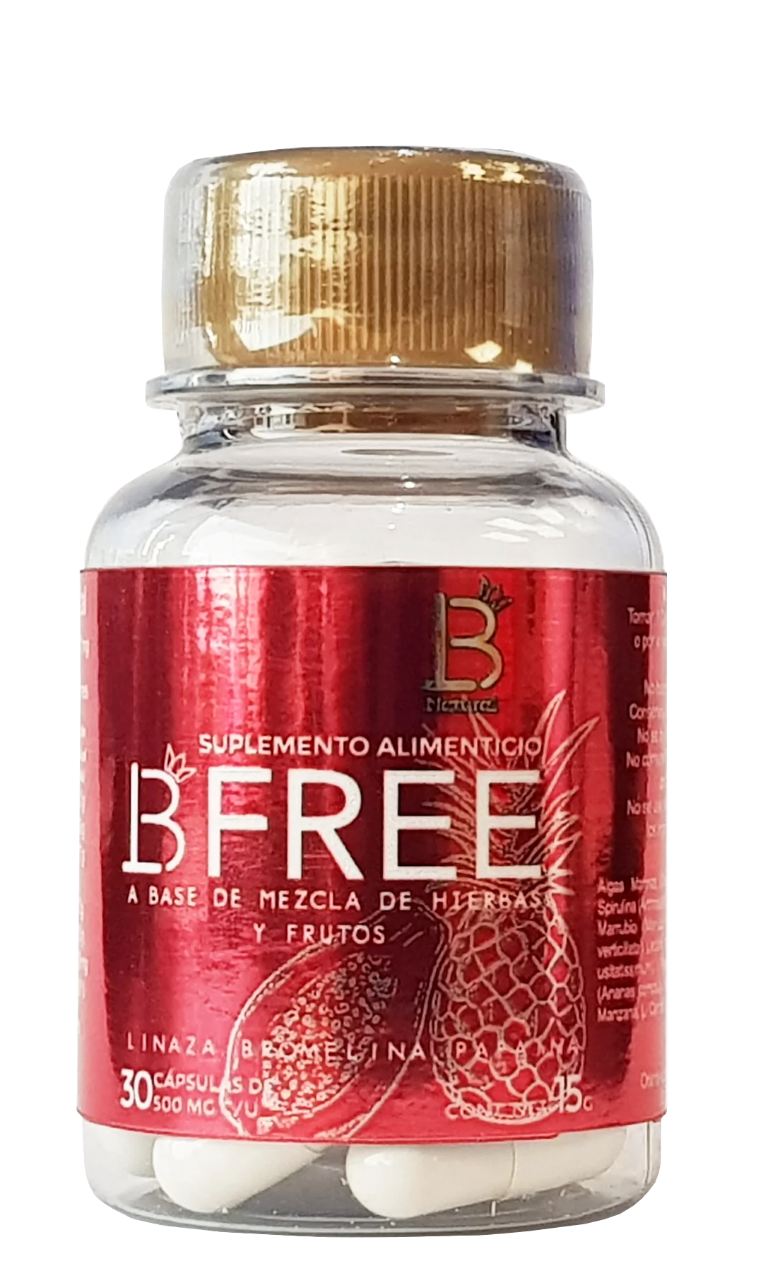 Frasco de BFREE, suplemento alimenticio con 30 cápsulas, etiqueta roja con tapa dorada